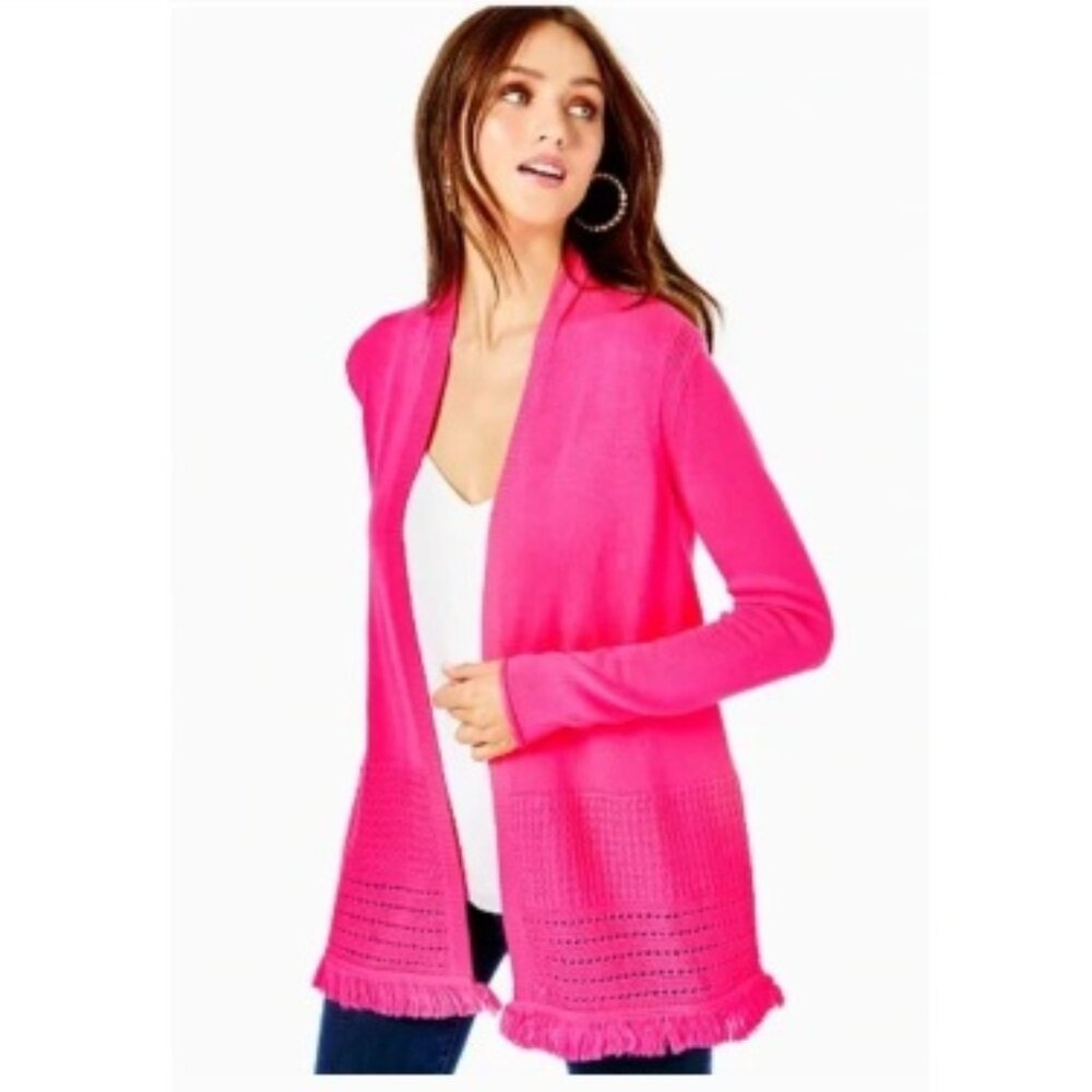 LILLY PULITZER Noble Fringe Cardigan, Pink Isle | Size Small